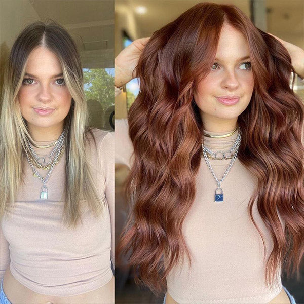 before and after of a woman with blonde ombre hair wearing clip in auburn hair extensions