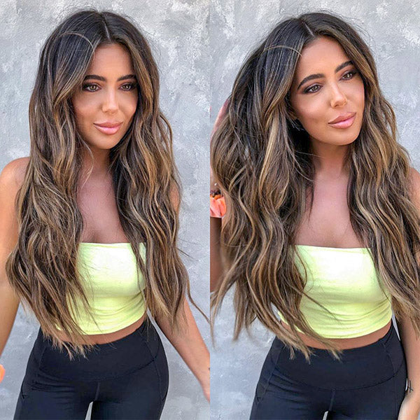 a lady wearing long dark brown balayage clip in hair extensions