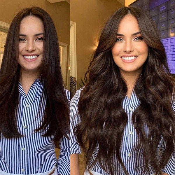 before and after of a lady volumning her long brown hair with a set of brown clip in hair extensions