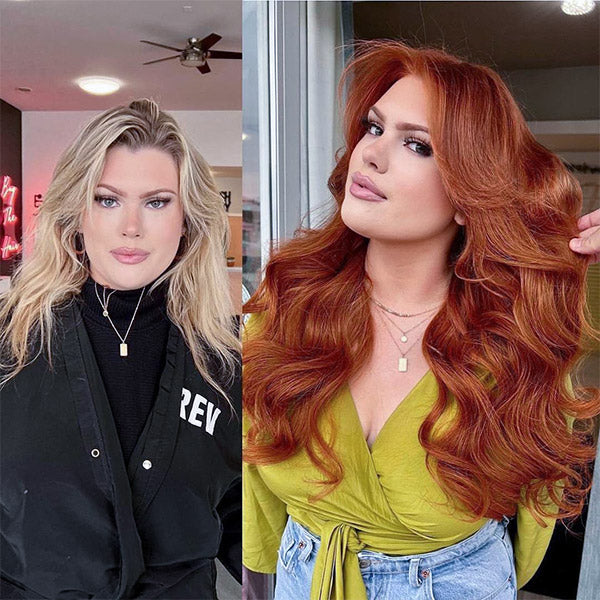 before and after of a woman with blonde hair wearing auburn clip in hair extensions