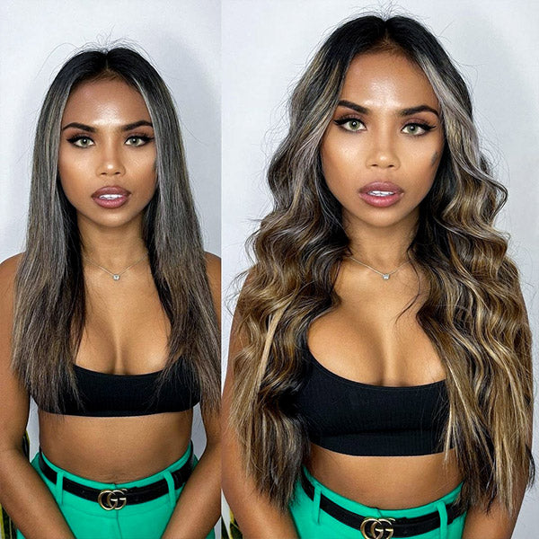 before and after of a lady with medium hair wearing long wavy brown balayage hair extensions