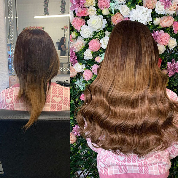 before and after of a lady with medium hair wearing long wavy chestnut brown clip in hair extensions