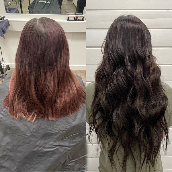 before and after of a lady with medium hair wearing long wavy brown hair extensions
