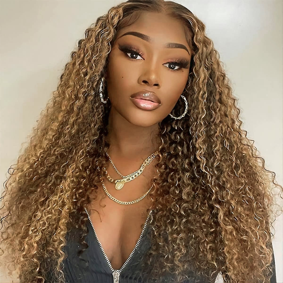 Blonde Curly Wig 4 27 Highlight Mix Color Human Hair Swiss Lace