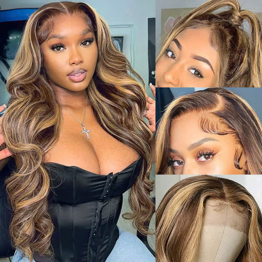 #4/27 Highlight Ombre Brown Body Wave Lace Front Wigs Pre Plucked Bleached Knots