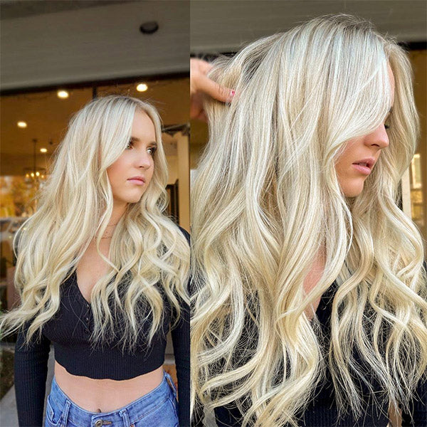a girl wearing long wavy platinum blonde clip in hair extensions