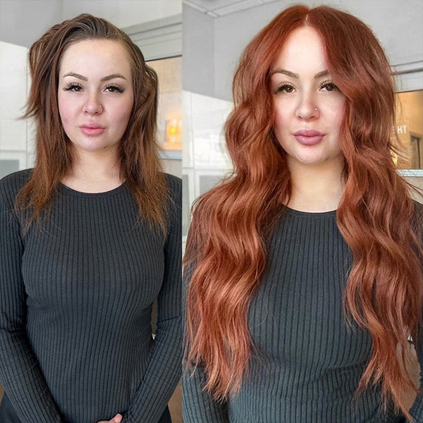 before and after a lady with brown medium hair wearing long auburn hair extensions