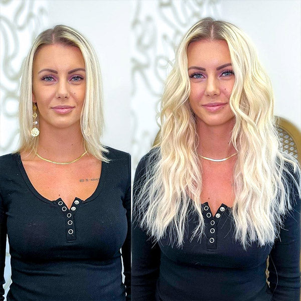 before and after of a lady with medium blonde hair wearing long wavy platinum blonde hair extensions