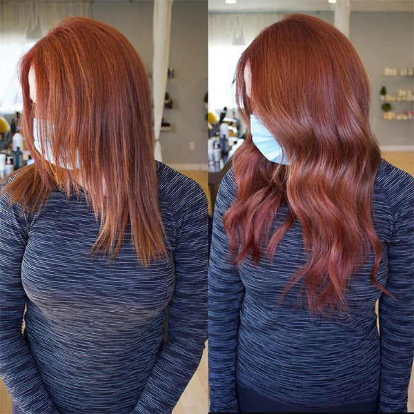 before and after of a woman with meidum auburn hair wearing long auburn hair extensions