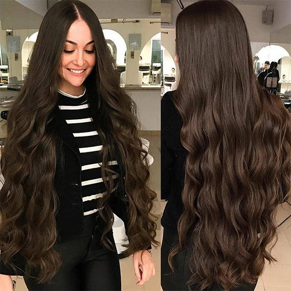 a lady with super long chocoloate brown hair extensions