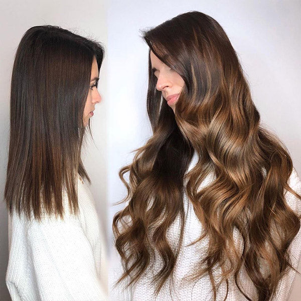 before and after of a lady with medium straight hair wearing long wavy brown highlights hair extensions