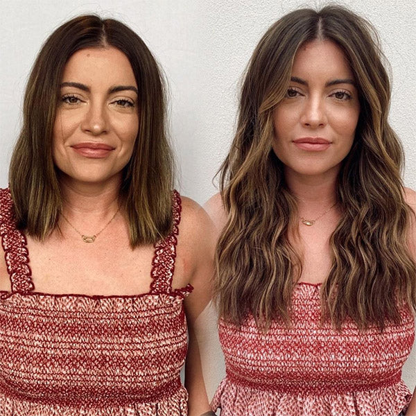 before and after of a lady with medium brown hair wearing long chestnut brown highlights hair extensions