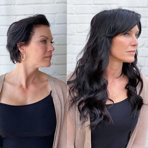 before and after of a lady with short hair wearing long off black clip in hair extensions