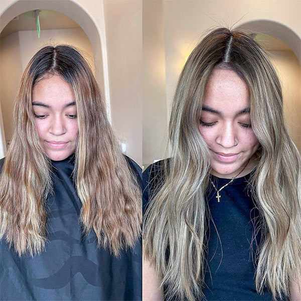 before and after of a lady wearing ash blonde babylights clip in hair extensions