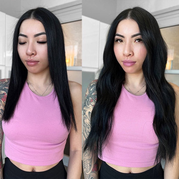 before and after a woman wear jet black clip in hair extensions