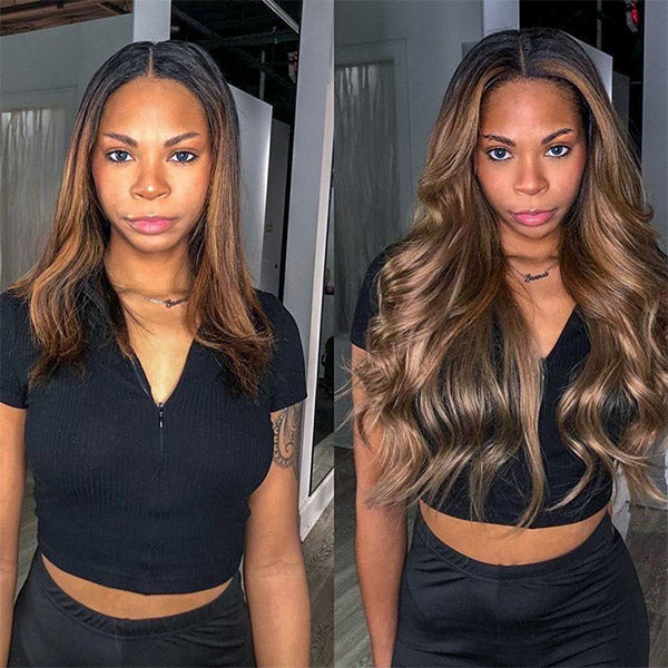 before and after of a woman with medium hair wearing long chestnut brown ombre hair extensions