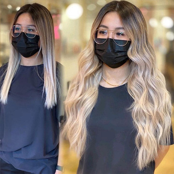 before and after of a girl with medium hair getting long wavy blonde hair through clip in hair extensions