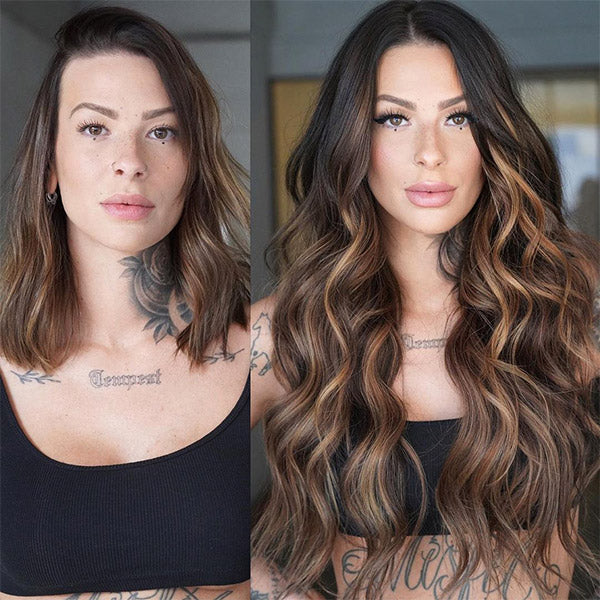 before and after of a lady with medium hair getting a long wavy brown highlights hair with the help of clip in hair extensions