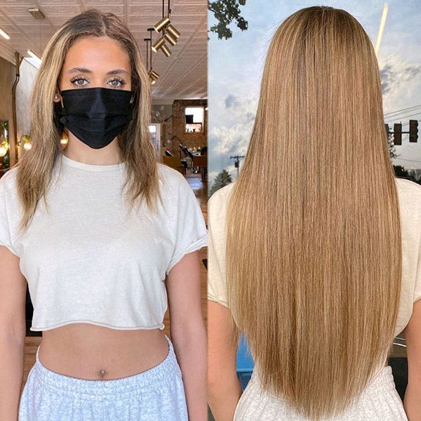 before and after of a girl with short blonde hair wearing long straight dirty blonde clip in hair extensions