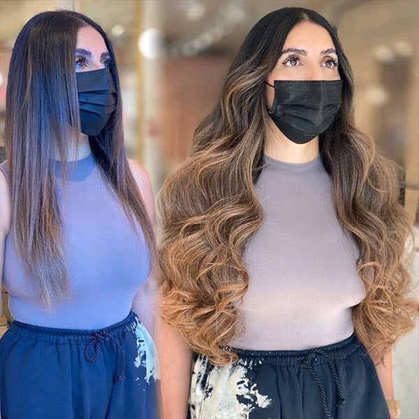 before and after of a girl volumning her hair with chestnut brown ombre hair extensions