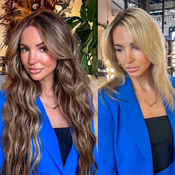 before and after of a lady with meidum blonde hair wearing a long brown balayage clip in hair extensions