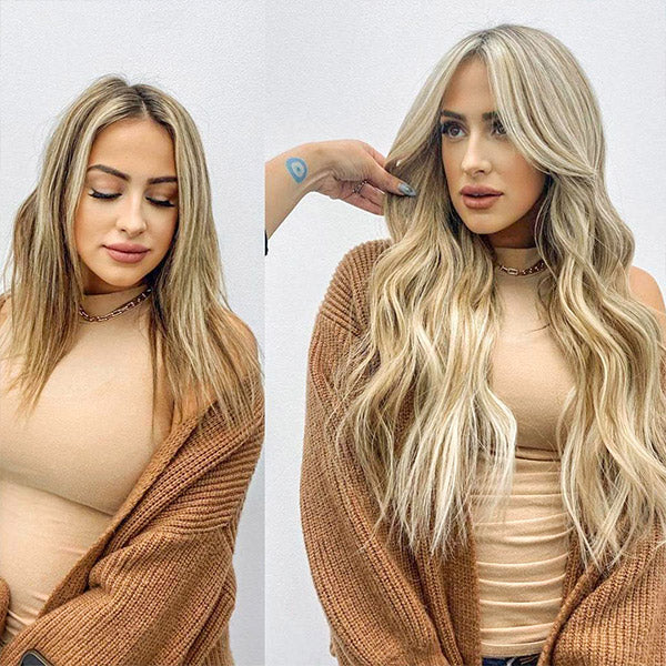 before and after of a lady wearing long way beach blonde highlights hair extensions