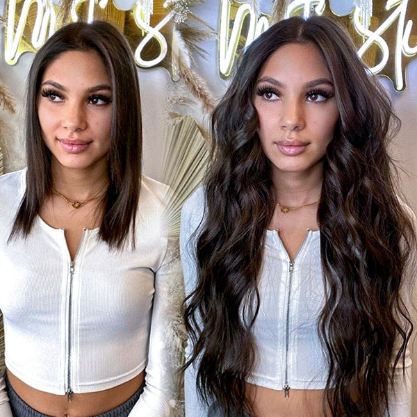 before and after of a girl with medium brown hair wearing super long dark brown clip in hair extensions