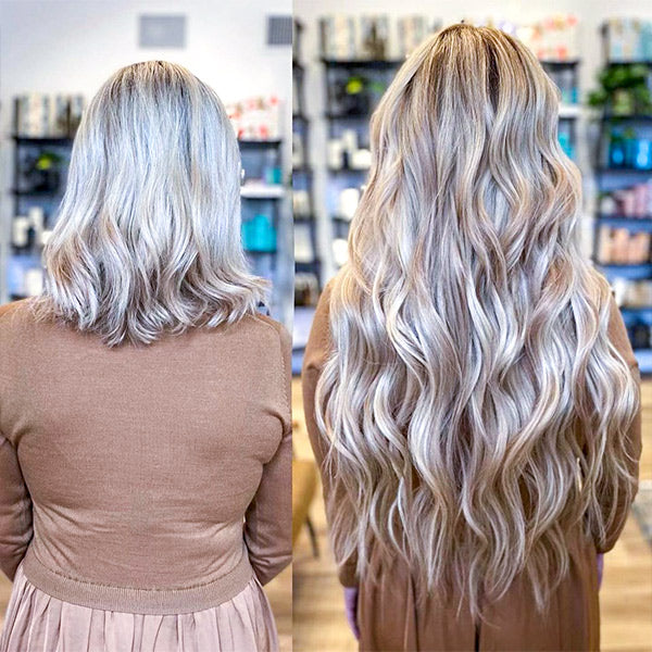 before and after of a lady with medium blonde hair wearing long ash blonde babalights hair extensions 