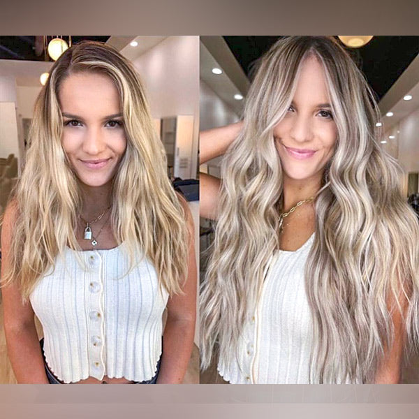 before and after of a lady with medium blonde hair wearing long ash blonde babylights clip in hair extensions