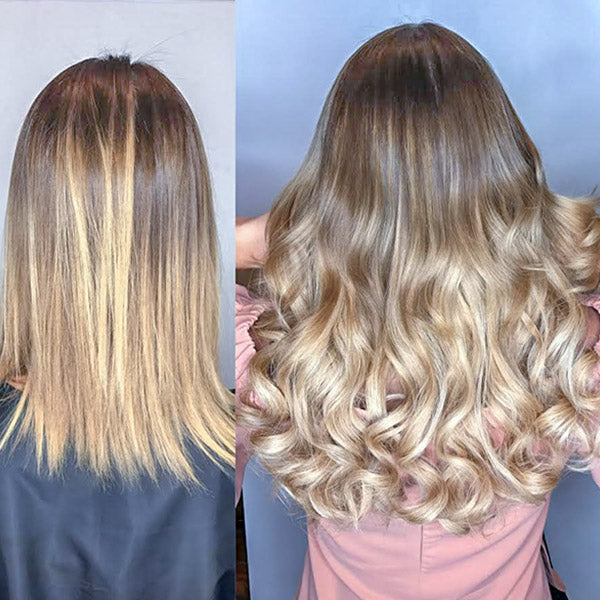 before and after of a lady with medium blonde hair wearing long wavy beach blonde sombre clip in hair extensions