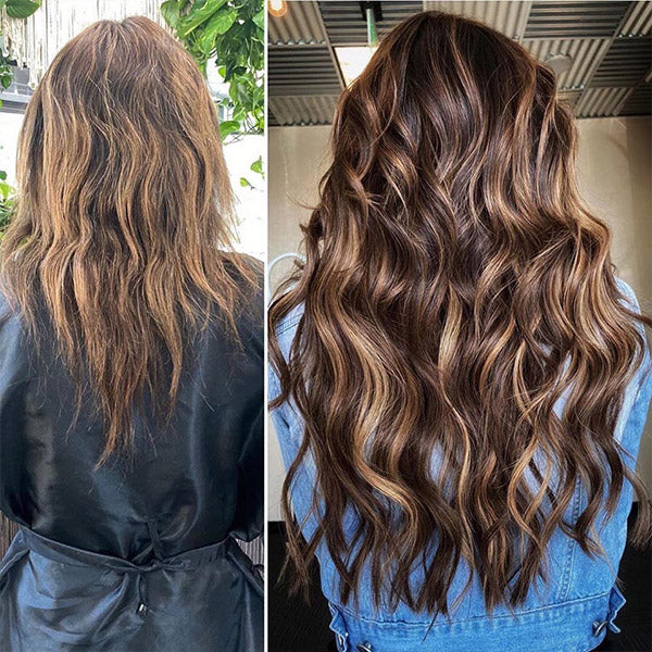 before and after of a lady with medium hair wearing long wavy caramel blonde highlights hair extensions