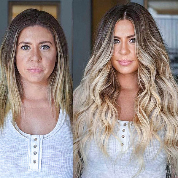 before and after of a lady with medium hair wearing long wavy beach blonde sombre clip in hair extensions