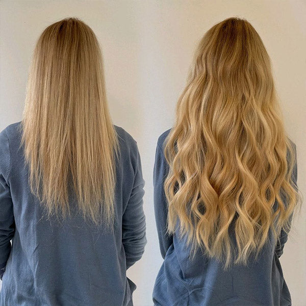 before and after of a girl with long blonde hair getting long wavy hair through hair extensionsq