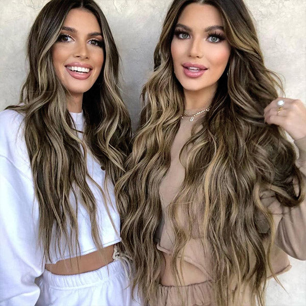 two beautiful girls with long wavy chocolate brown balayage hair